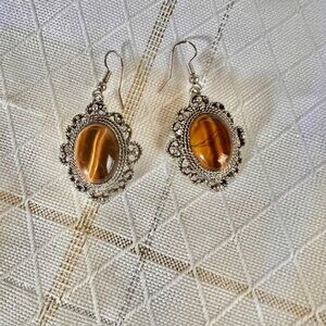 Vintage Tiger's Eye Silver Tone Earrings, Costume Jewelry, Brown Tiger's eye